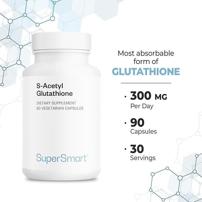 Supersmart S-Acetyl Glutathione 300mg per Day (High Absorption) - Stable Form of L-Glutathione Tripeptide - GSH Supplement | Non-GMO & Gluten Free - 90 Vegetarian Capsules