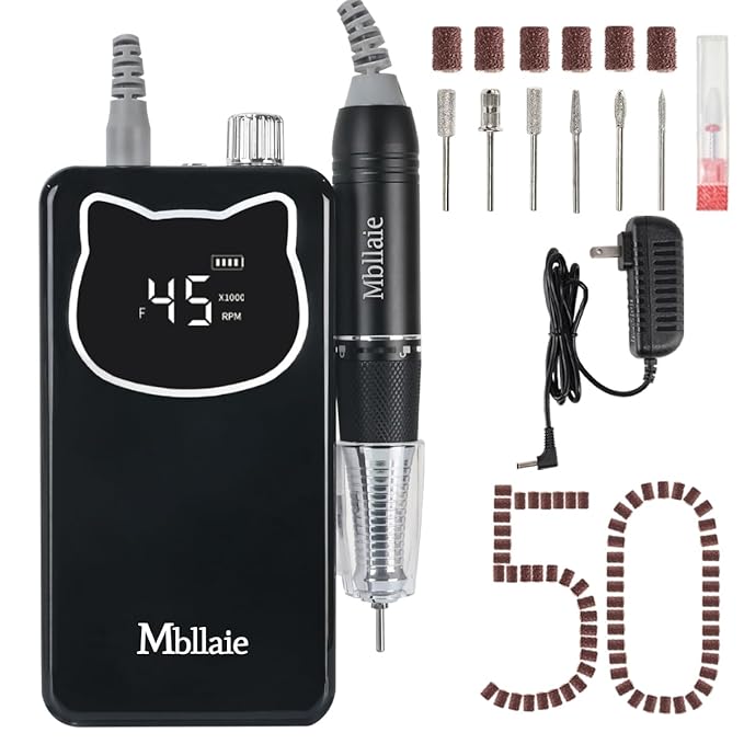 Professional Nail Drill File 45000RPM Electric Portable Nails Drills Kit with Rechargeable 7 uñas Bits Cordless Efile for Poly Gel Acrylic Nails Remover Home Salon Pedicure Manicure Tool (Black)