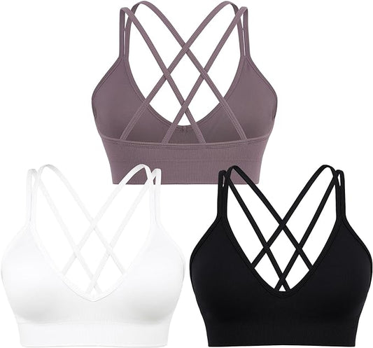 Sports Bra for Women V-Neck Strappy Criss Cross Yoga Bra Padded Medium Support Workout Gym Athletic Fitness Bras 3 Pack