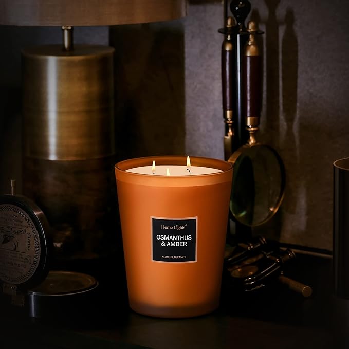HomeLights Large Jar Candle-33.3 Oz. Natural Soy Aromatherapy Candle | Osmanthus Amber Scent | Up to 130 Hours Burn Time with 3 Cotton Wicks | Home Decorative Fragrance Candle Gift
