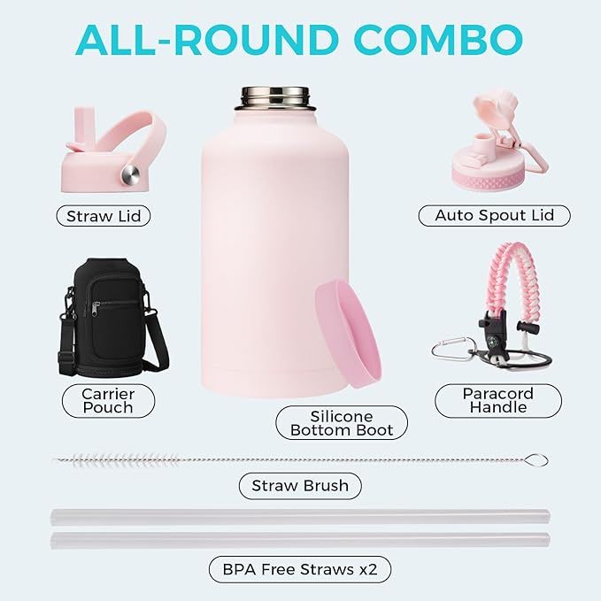 64 oz Insulated Water Bottle - Stainless Steel (Cold 48H), Leak Proof & BPA-Free Half Gallon Water Jug with Paracord Handle, Straw Spout Lids, Carrier Case, Metal Flask for Women Gym School, Pink
