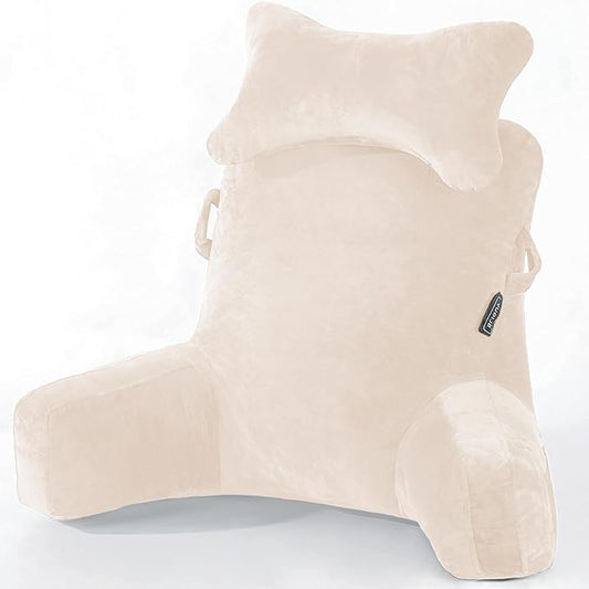 SLIGUY Reading Pillow-Bed Rest Pillow with Detachable Neck Roll & Higher Support Arm for Sitting in Bed Couch or Floor-Backrest Reading Pillow Adult Back Pillow for Reading/Watching TV/Gaming,Beige