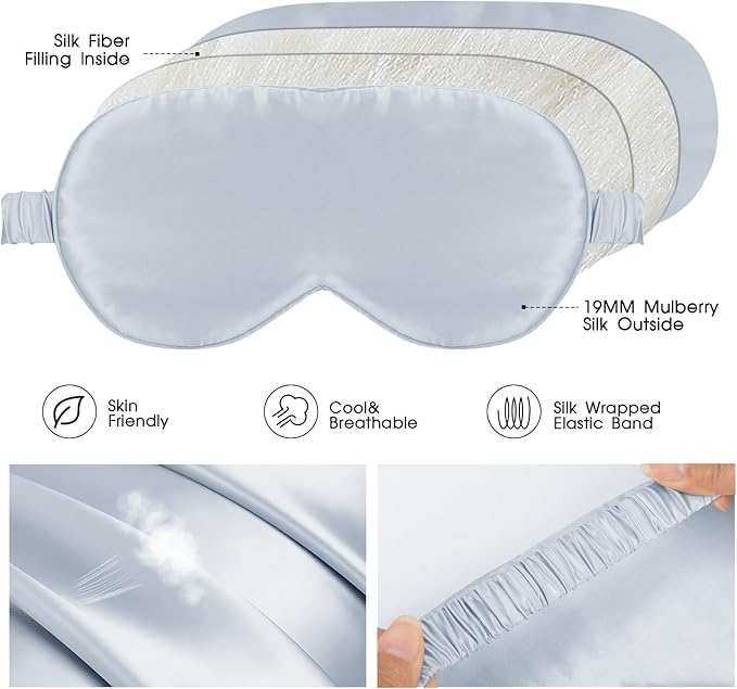 Silk Sleep Mask for Women/Men/Adults Light Blocking Real Silk Eye Mask for Sleeping Plane/Side Sleeper/Travel with Elastic Band,Light Blue