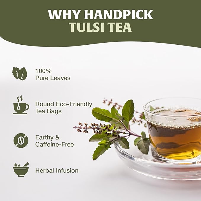 HANDPICK Original Tulsi Tea (100 count) Holy Basil Calming and Stress Relief Tea, Immune Support | Non-GMO, Caffeine-Free Herbal Tea | Ecofriendly Round Tea Bags