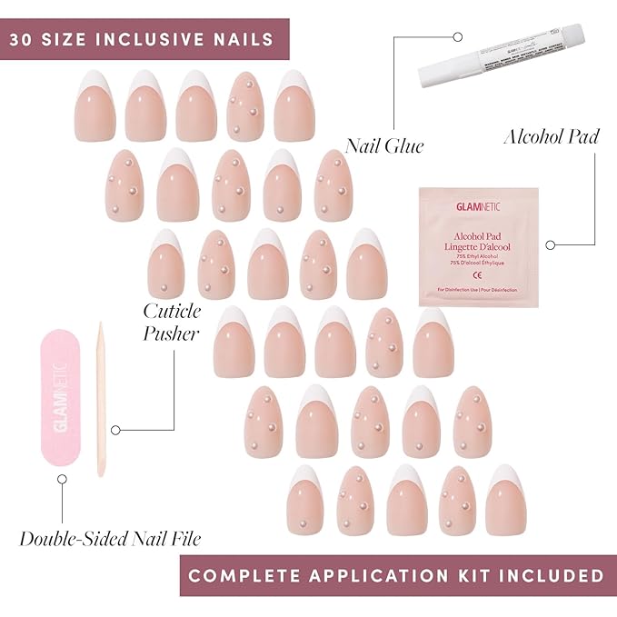 Glamnetic x GLAMZILLA Press On Nails - ALWAYS & FOREVER | Short Almond French Tip Fake Nails with 3D Pearls, Salon Quality Wedding Nails | 15 Sizes - 30 Nail Kit with Glue