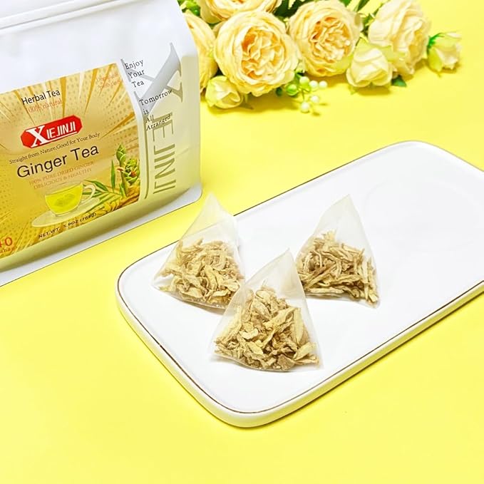 Ginger Tea Bags, 100% Pure Dry Ginger Root, 4.2gx40Count, Re-usable for Brew, Spicy Digestive Ease, Immune System Support Anytime, Eco-Conscious Tea Bags, Resealable Bag