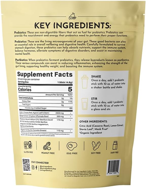 Lemon Ginger 3‑in‑1 Probiotic Complex – 30‑Stick Drink Mix with Prebiotics, Probiotics & Postbiotics – 5 Billion CFU Spore Strains + Lemon & Ginger Extracts – Gut, Immune & Digestive Support