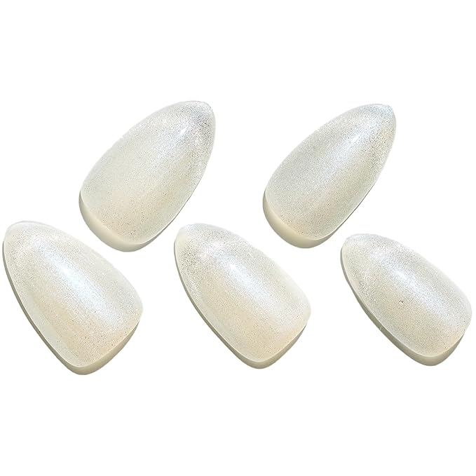 GLAMERMAID French Tip Magnet Cat Eyes Press on Nails Short Almond, Nude White Handmade Jelly Gel Fake Nail, Ombre Pearl Glitter Magnetic Glue on Nail Stiletto, Medium Oval Stick False Nail for Women