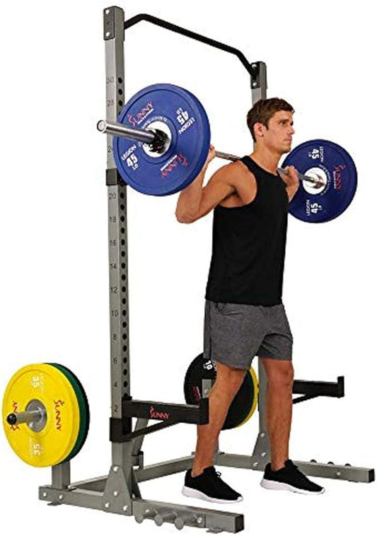 Sunny Health & Fitness Power Cage and Squat Rack In High Weight Capacity with J-Hooks, Adjustable Pull Up Bar, Weight Plate Holders, Resistance Band Posts