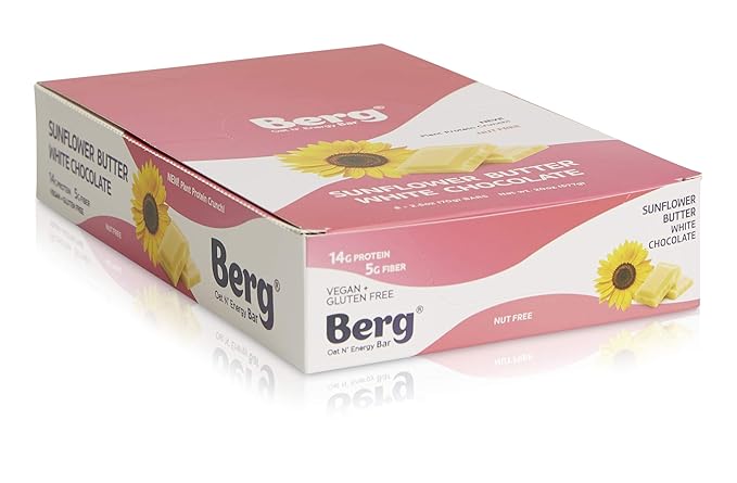 Berg Oat N' Energy Bar | Sunflower Butter White Chocolate | Plant Based Protein Bar | Non-GMO, Gluten Free, Nut Free and Vegan | Low Sugar, Healthy Snack Bar | High Fiber | On The Go | 2.5oz (8 Packs)