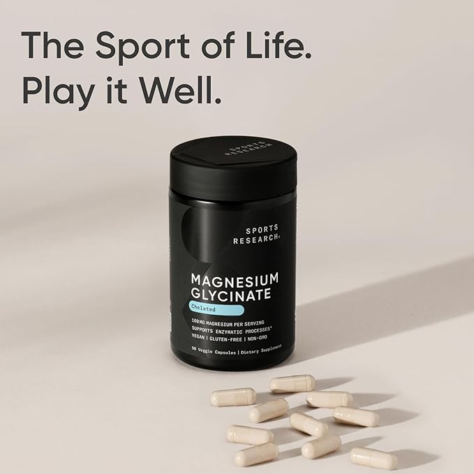 Sports Research® Magnesium Glycinate - Supports Restful Sleep & Enzymatic Processes - 160 mg Chelated Magnesium - Vegan Capsule - 180 Count