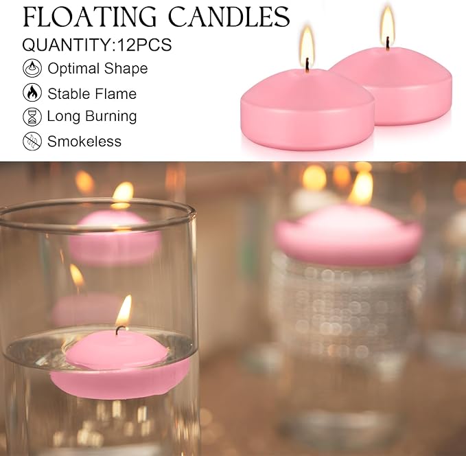 12 Pcs 3 inch Romantic Pink Floating Candles, Smokeless and Unscented, Burns for 8-10 Hours, are Ideal for Weddings, Parties ，Vacations, and Home Decorations