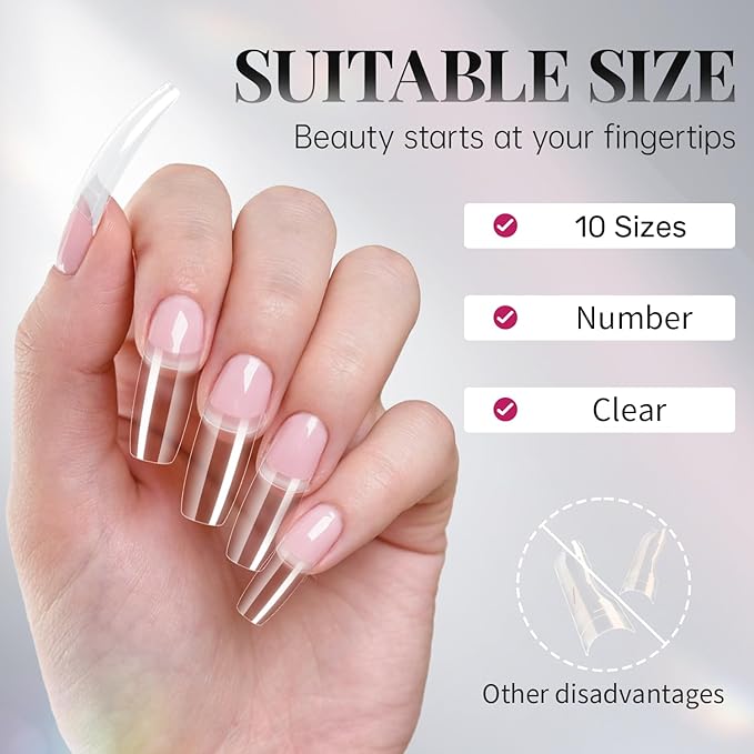 krofaue 100PCS Clear False Nails Tips and Nail Gule Kit, Half Cover Lady French Style Acrylic Artificial Tips 3Pcs Nail Glue for Nail Extension kit Nail Tips Art Salons and Home DIY