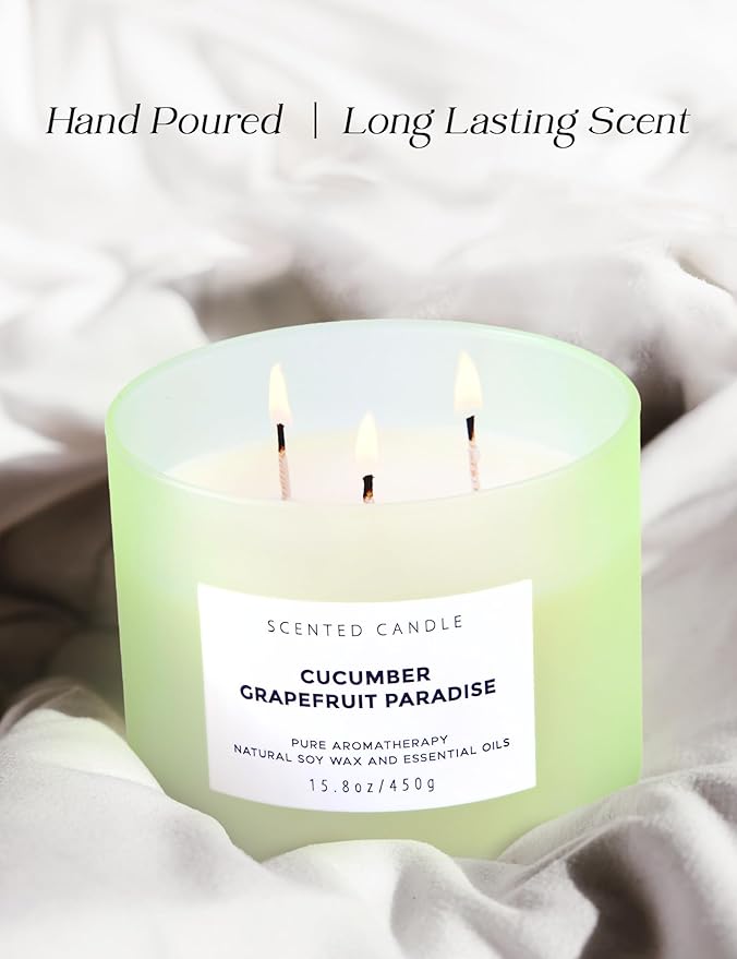 Cucumber Grapefruit Paradise 3-Wick Scented Candle | Large Soy Candle for Home 15.8 oz | Fresh Fruity Citrus Summer Aromatherapy Candle, Long Lasting Stress Relief & Relaxation Candles for Men & Women