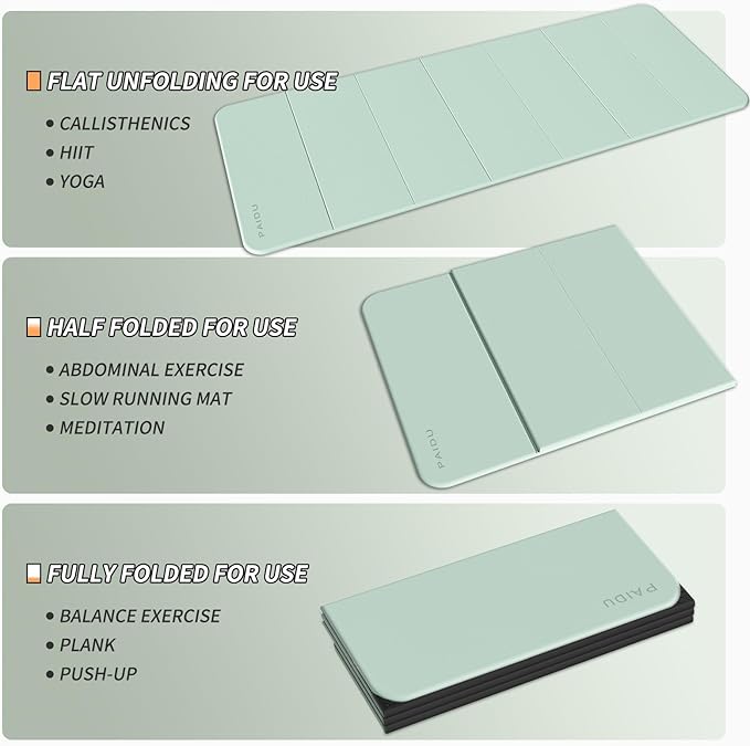 Foldable Fitness Yoga Mat | 2/5" (10MM) Extra Thick | SGS Certified Non-Slip TPE | 75x26" Extra Long-Wide | Portable & Easy Store | for Yoga, Pilates, Home Gym & Full-Body Workouts