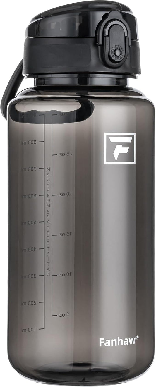 Fanhaw 32 Oz Clear Tritan Water Bottle with Chug Lid, BPA-free, Wide Mouth, Leak Proof - for Gym, Travel, Home, School, Office (Black)