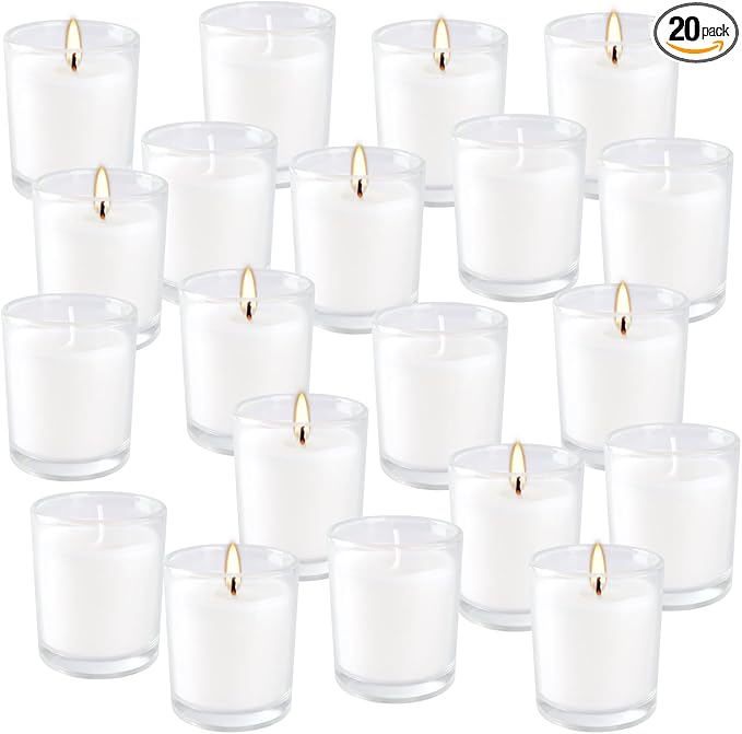 20 Pack Warm White Unscented Clear Glass Filled Votive Candles. Hand Poured Wax Candle Ideal Gifts for Aromatherapy Spa Weddings Birthdays Holidays Party (Warm White)