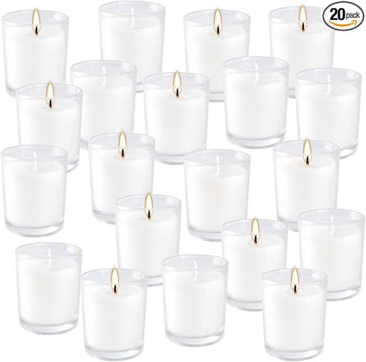 20 Pack Warm White Unscented Clear Glass Filled Votive Candles. Hand Poured Wax Candle Ideal Gifts for Aromatherapy Spa Weddings Birthdays Holidays Party (Warm White)