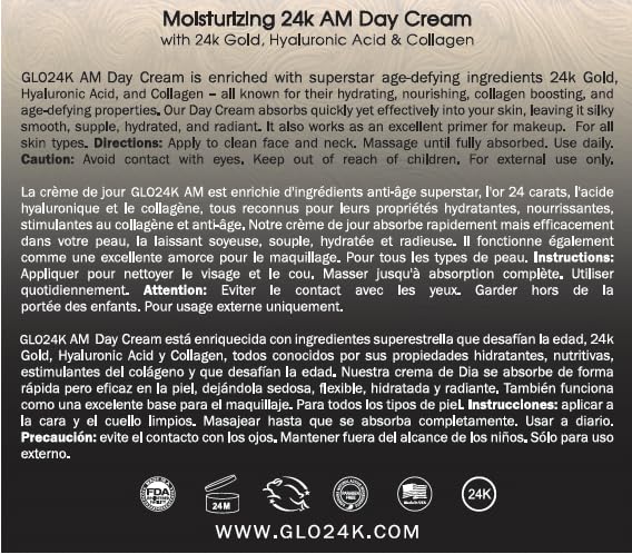 GLO24K Moisturizer Face Cream with 24K Gold, Vitamins – Collagen Retinol Hyaluronic Acid – Hyaluron Acid Cream for Hydration & Daily Skin Care, Day Cream