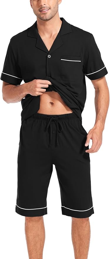 COLORFULLEAF Men's 100% Cotton Short Sleeve Pajama Sets Button Down Notched Collar Sleepwear Soft Lounge Pjs with Pockets