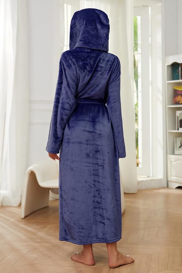 HEARTNICE Womens Long Hooded Robe, Soft Warm Fleece Bathrobes Full Length Plush House Coat