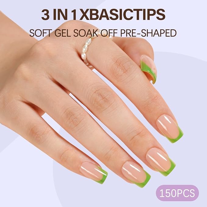 Misssix XBASICTIPS French Tip Press On Nails, 150 Pcs Short Square French Gel Nail Tips, Soft Gel Pre-shaped No File Need Fake Nails for Nail Art DIY Extension Designs, 15 Sizes