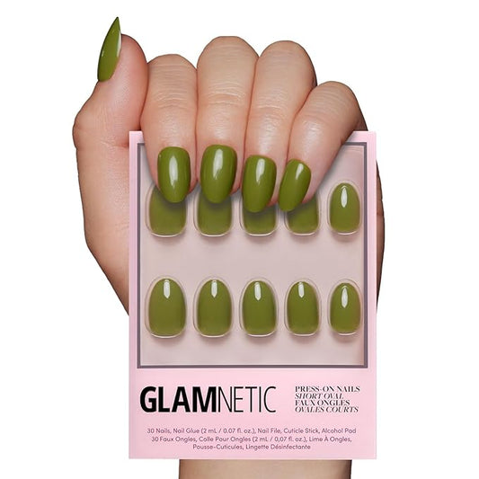 Glamnetic Press On Nails - Moss Green | Opaque Earthy Green Short Oval Fake Nails, Salon Quality | 15 Sizes - 30 Nail Kit