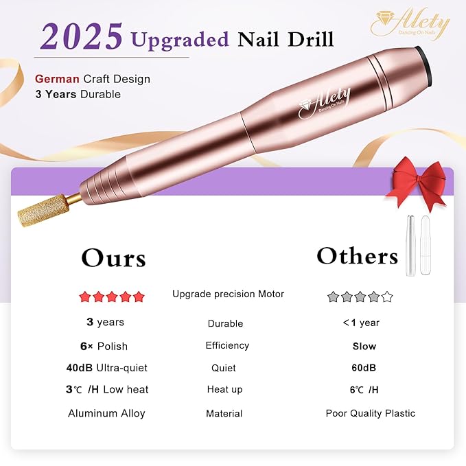 Electric Nail Drill Kit - Portable File for Acrylic Gel Nails, Professional Machine Efile Manicure Pedicure Tools With Gold Drill Bits for Home Salon Use
