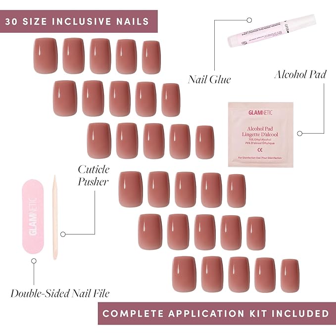 Glamnetic Press On Nails - Dusty Pink | Medium Square Fake Nails, Sheer Mauve Neutral, Salon Quality | 15 Sizes - 30 Nail Kit