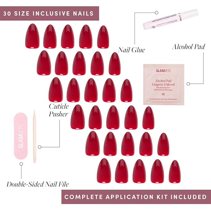 Glamnetic Press On Nails - Classic Red | Opaque Cool Tone, Timeless Red Short Almond Fake Nails, Salon Quality | 15 Sizes - 30 Nail Kit
