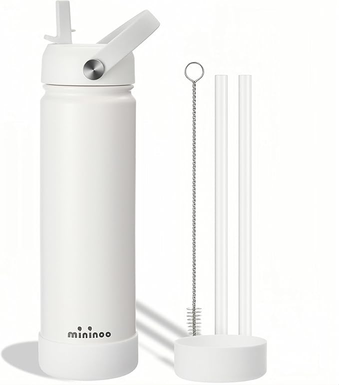 Insulated Stainless Steel Water Bottle with Straw, Ceramic-Lined, BPA-Free & Leak-Proof, 24 oz, White