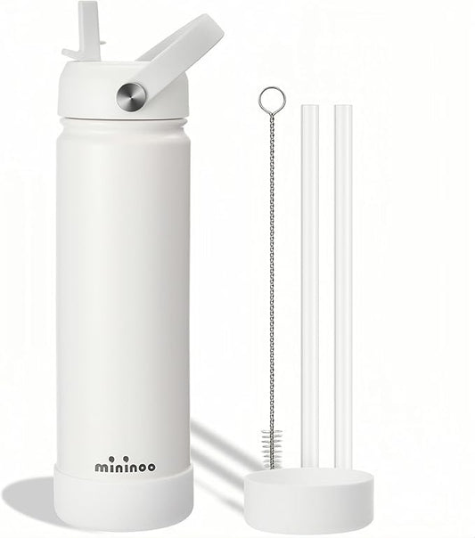 Insulated Stainless Steel Water Bottle with Straw, Ceramic-Lined, BPA-Free & Leak-Proof, 24 oz, White