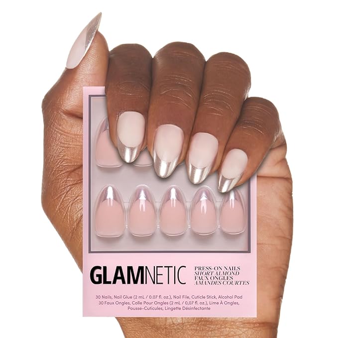 Glamnetic Press On Nails - Mirror Mirror | Trendy Short Almond Nails with Metallic Chrome Silver French Tips | 15 Sizes - 30 Nail Kit with Glue