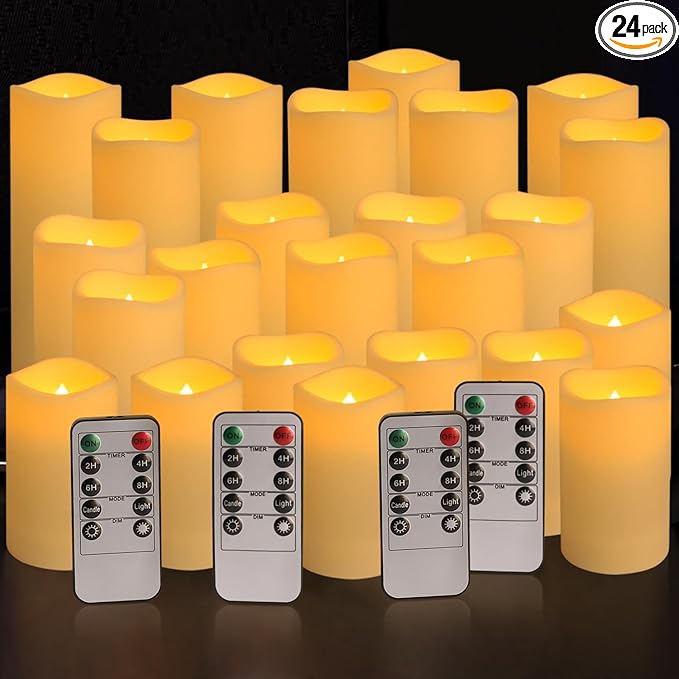 Set of 24 Waterproof Outdoor Flameless Candles, LED Candles with 4 Remote and Timer,(H 4" 5" 6" x D 2.2"),for Christmas,Halloween,Wedding,Festival