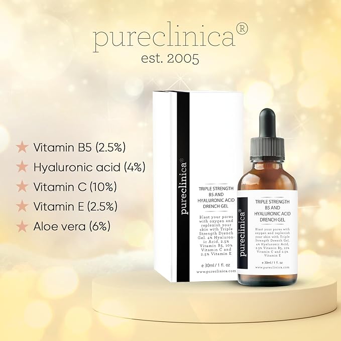 pureclinica Triple Strength B5 (6.5%) and Hyaluronic Acid (4%) Drench Gel (w/Vit C 10% and E 2.5%) – 30ml / 1 fl oz