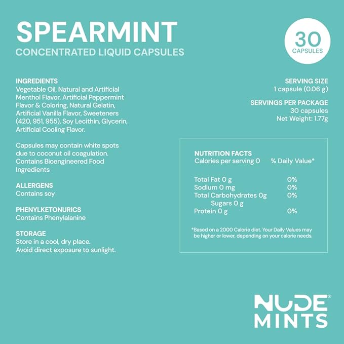 NUDE MINTS | Dual Action Liquid Capsules | Mouth Watering Mint - Lasts 3X Longer - 3X Stronger - Extreme Bad Breath Treatment For Adults - Sugar Free, 0 Calorie - Spearmint - 5 Pack - 150 Capsules