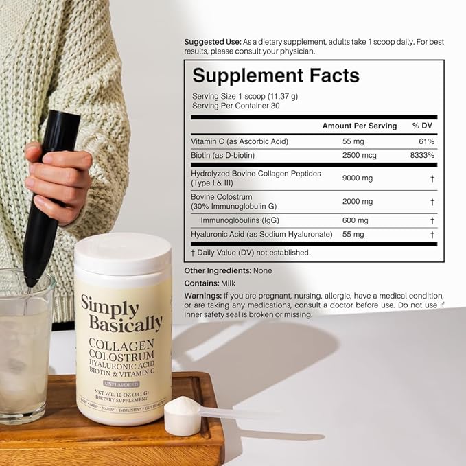 Colostrum & Collagen Peptides Powder with Biotin, Hyaluronic Acid & Vitamin C | Gut Health & Bloating, Immune Support, Hair, Skin & Nails Supplement | Unflavored | 30 Servings
