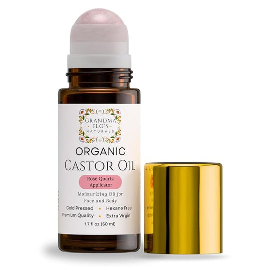 Grandma Flo's Naturals Organic Castor Oil Roll On with Rose Quartz Roller - For Face Hair Body | Glass Bottle, Cold Pressed, Hexane Free, Unrefined | Stimulate Hair Growth, Moisturize Skin (50ml)