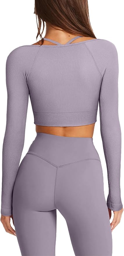 LASLULU Womens Sexy Square Neck Crop Top Ribbed Seamless Long Sleeve Workout Tops Halter Neck Athletic Yoga