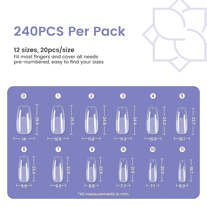 Nail Tips Medium Coffin: 240PCS Soft Gel Medium Coffin Press On Nails, 12Sizes Pre-shaped Acrylic Nail Extension Full Cover for Girls Women Home Salon