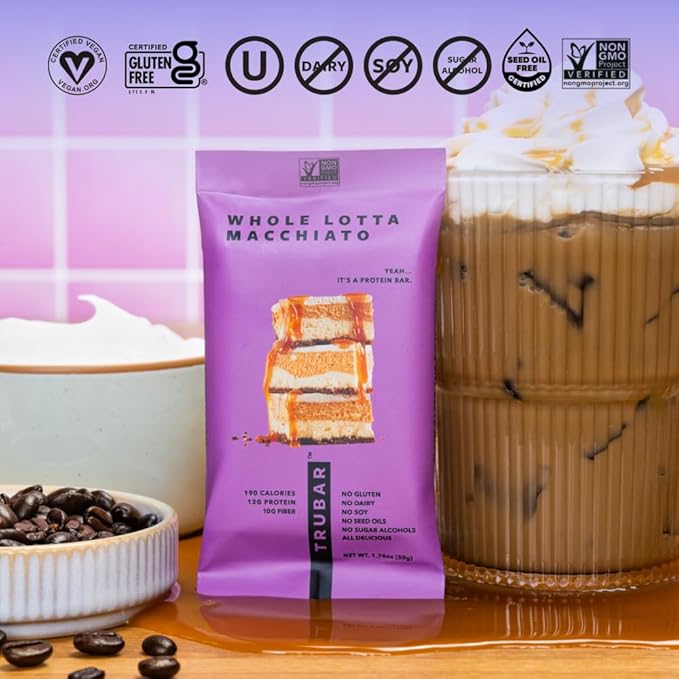 TRUBAR Vegan Protein Bar, Whole Lotta Macchiato, Gluten Free, Plant Based Protein, Dairy Free, Non GMO, Soy Free, No Sugar Alcohols, 12G Protein, 12G Fiber, 23G Carb, On the Go Snack Bars, 12 CT