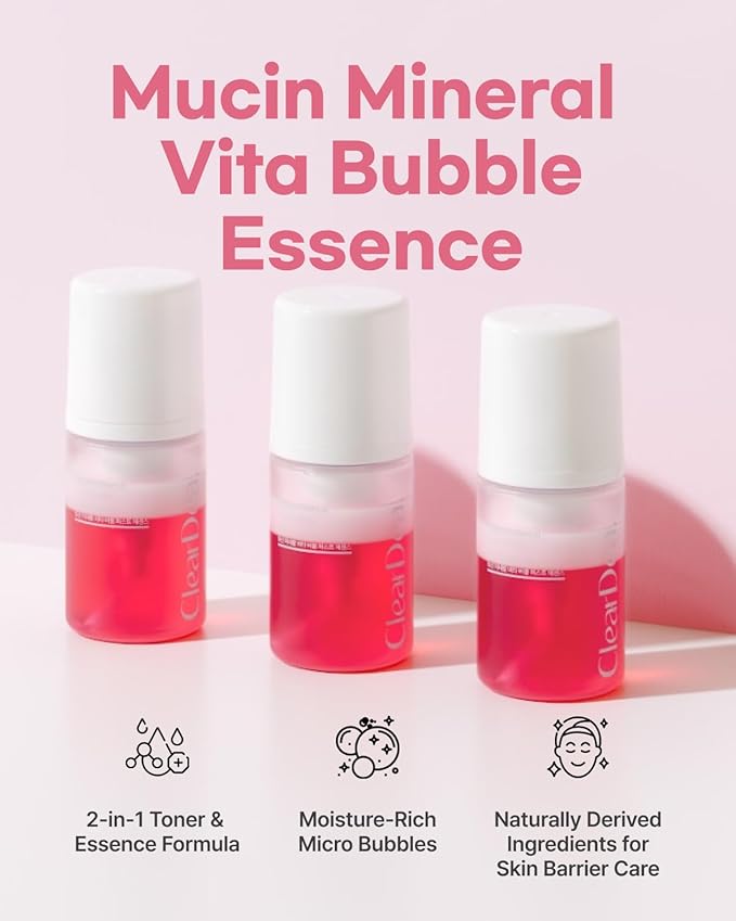 Mucin Mineral Vita Bubble First Essence Duo with Micro-Bubble Formula and 2-in-1 Toner Serum, Korean Beauty for Glass Skincare, 60 ml x 2 – Hydrating Firming Cream, Best Glow Up Essentials