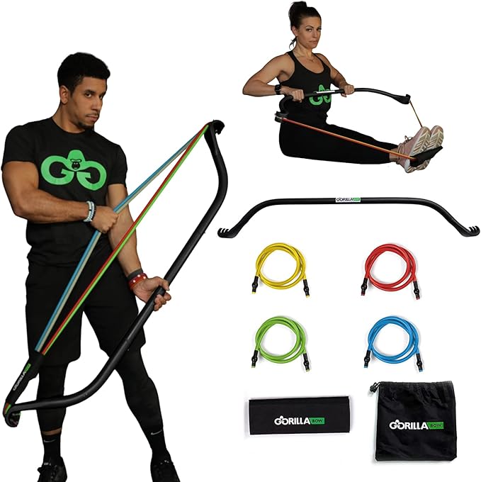 Gorilla Bow Original Portable Home Gym Resistance Bands and Bar System for Travel, Fitness, Weightlifting and Exercise Kit, Full Body Workout Equipment Set