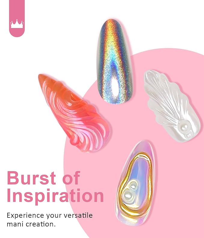 Gold Chrome Nail Powder - Sparkly Laser Holographic Nail Powder Metallic Mirror Effect Ice Blue Nail Chrome POwder, White Pearl Pigment Holo Iridescent Glitter Dust Kit, Nail Art Decoration