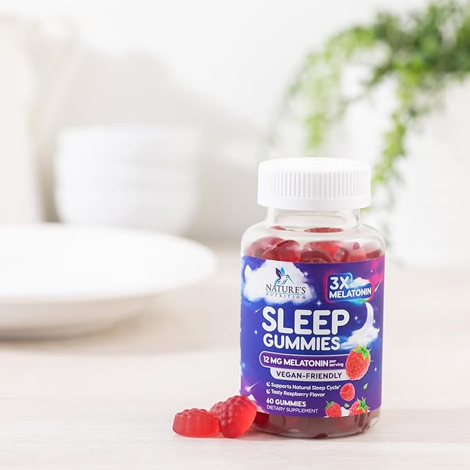Sleep Gummies for Adults Extra Strength - 12 mg Melatonin Sleep Gummy Supplement, Melatonin Gummy for Occasional Sleep Support Supplement, Vegan, Non-GMO, Gluten Free, Gomitas para Dormir, 60 Gummies