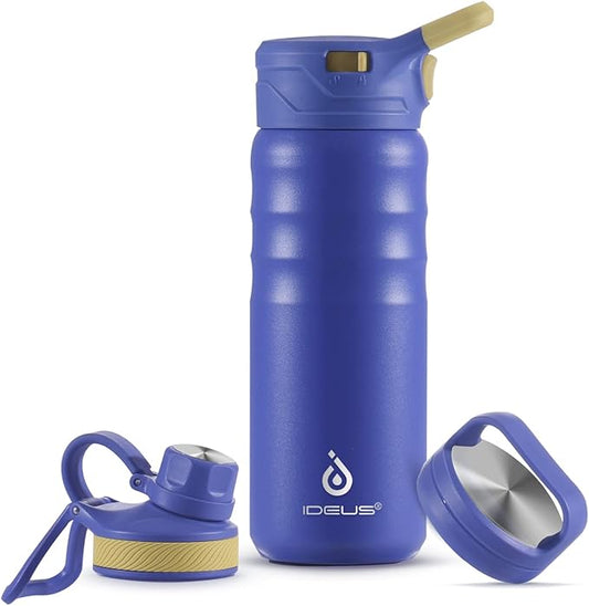 IDEUS Insulated Stainless Steel Water Bottle with 2 Leak-Proof Lids, Thermal Water Flask for Hiking Biking, 18oz, Purple