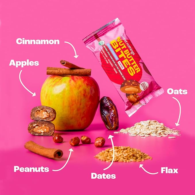 Sweet Nothings, Apple Cinnamon, USDA Organic Nut Butter Bites Protein Bar, Nut & Date Snack, Filled with Peanut Butter, 12-2 Bite Value Packs - No Added Sugar, Good Source of Fiber, Only 7 Ingredients
