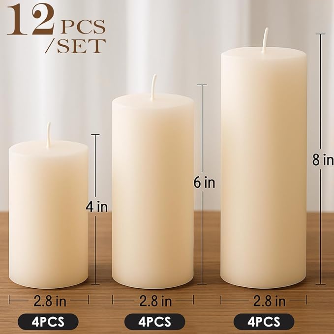 Ivory Pillar Candles Set, 12 Packs, 2.8 in x 4, 6, 8 Inch Assorted Size Unscented Pillar Candles Bulk for Home Decor, Long Burning Candle for Emergency, Holiday Dinner, Dripless & Smokeless