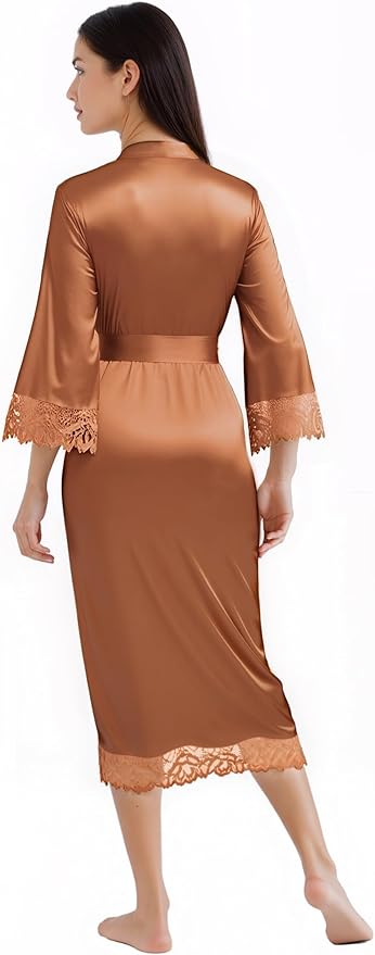 BABEYOND Satin Kimono Robe Silky Long Bridesmaid Wedding Lightweight Bath Robe with Lace Trim