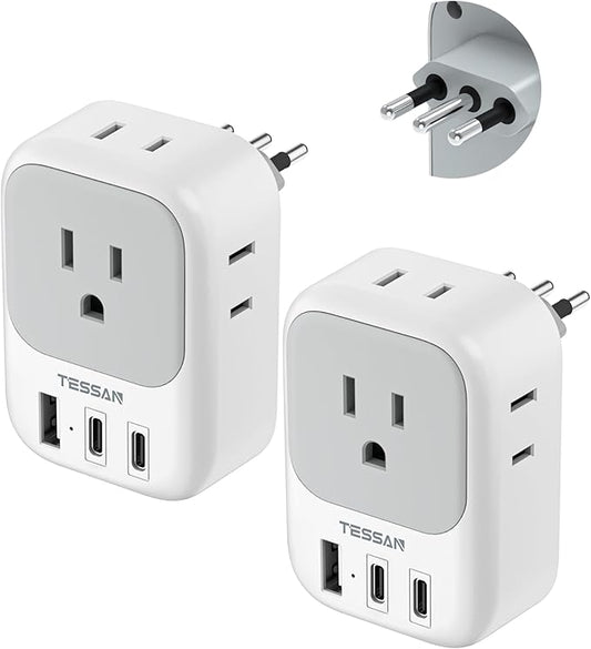 Italy Travel Plug Adapter 2 Pack, TESSAN Type L Adapter for Travel with 4 Outlets 3 USB (2 USB-C), Power Adaptor for US to Italy Chile Rome Uruguay Milan Libya
